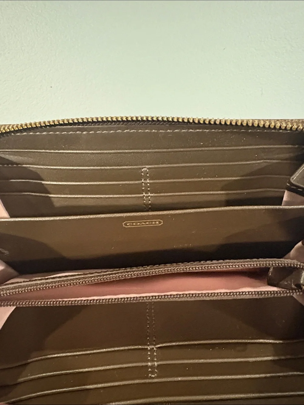 Coach Beige Signature Canvas Zip Wallet with Brown Center Stripe